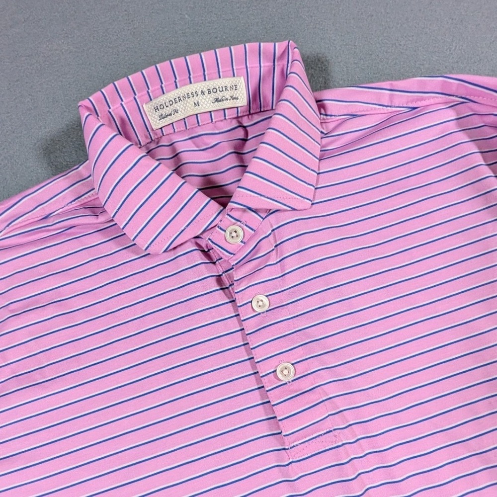 Holderness & Bourne Polo Shirt Mens Medium Pink Blue Striped Tailored Fit